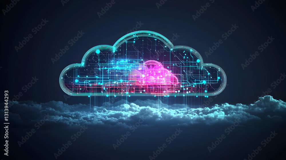 Poster pixelated glowing cloud with pink and blue core above dark clouds symbolizing cloud computing techno