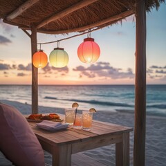 Obraz premium Romantic beach sunset dinner scene.