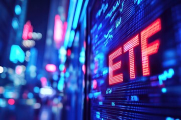 A high-tech digital display showing "ETF" with fluctuating candlestick charts and stock market analytics in the background