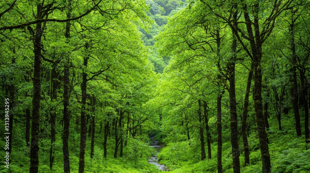 Poster a serene forest path lined with lush green trees, inviting exploration and connection with nature.