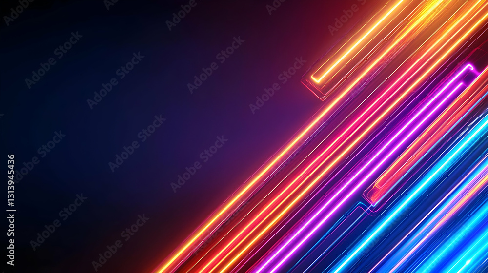 Poster vivid diagonal streaks of neon light on a dark background with a spectrum of bright colors abstract 
