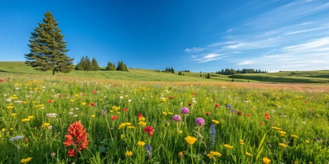 Obraz premium A vibrant spring meadow filled with blooming wildflowers under a bright blue sky