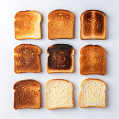 slices of bread on a white background, top view. Different degrees of toasted bread in the toaster,