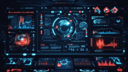 Futuristic cockpit featuring many illuminated digital data displays of various kinds