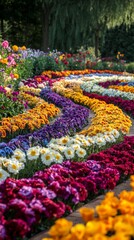 Colorful Flower Bed in Garden with Vibrant Blooms and Patterns