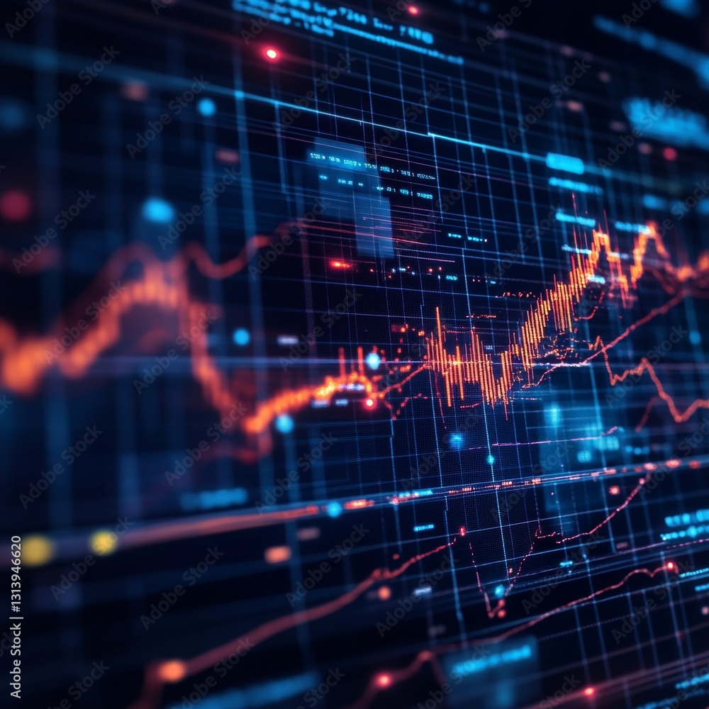Poster abstract digital data visualization of financial market trends with graphs and charts