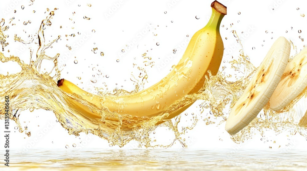 Poster a sliced banana and liquid creating a splashing dynamic image