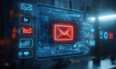 A futuristic interface showing a glowing envelope symbol, representing email or communication, over a computer screen.
