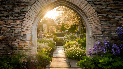 Fototapeta premium A sunlit stone archway leading to a secret garden filled with blooming flowers.