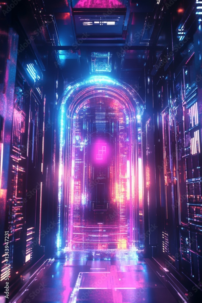 Poster futuristic neon corridor with glowing lights and abstract design in a sci-fi setting