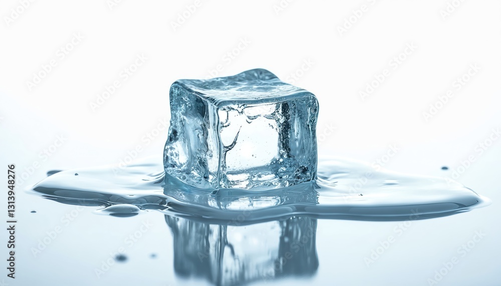 Aufkleber Melting ice cube isolated on white background. Transparent single block of ice with reflection, cold water puddle. Macro shot, liquid droplets, wet frost, pure aqua glace, light blue.