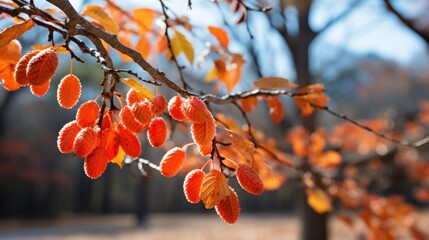 Autumnal Scene of a Tree Branch with Vibrant Orange Leaves and Fuzzy Seed Pods