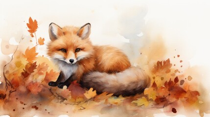 Obraz premium Autumnal Watercolor Painting of a Red Fox in a Bed of Fallen Leaves