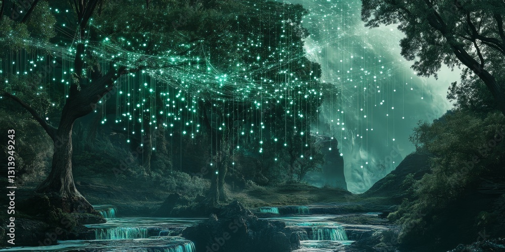 Poster enchanted forest with glowing trees and sparkling lights reflected in a calm river
