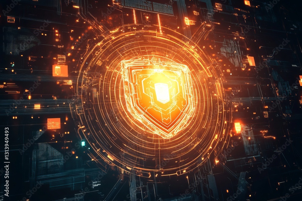 Poster digital shield symbolizing cybersecurity and data protection
