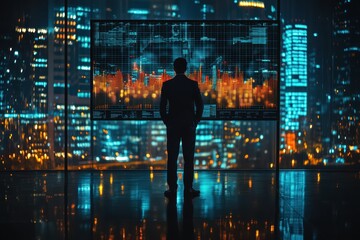 Fototapeta premium Back view Businessman analyzing stock data on screen with city lights. Financial analysis, investment strategy, trading, futuristic, technology concept.