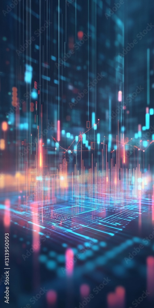 Poster abstract digital background with neon lights and data visualization in a futuristic city environment