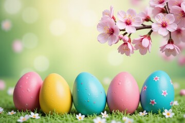 Fototapeta premium Colorful Easter Eggs in Spring Setting Surrounded by Cherry Blossom Flowers and Lush Green Grass, Capturing the Essence of the Easter Celebration