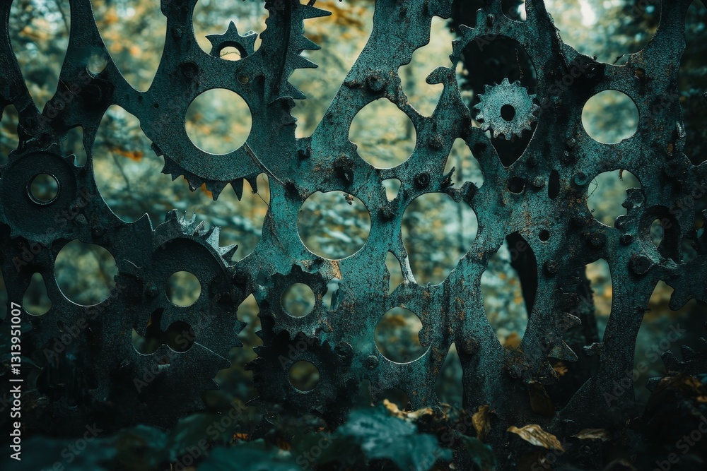 Poster A captivating close-up of intricate metal gears set against a soft-focus natural backdrop, showcasing textures and patterns in a unique artistic composition.