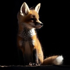 Fototapeta premium A baby fox is sitting on the ground, looking up at the camera. The image has a warm and playful mood, as the fox appears to be curious and interested in the photographer
