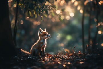 Fototapeta premium A small fox is sitting in the woods, looking up at the camera. The image has a peaceful and serene mood, as the fox is surrounded by nature and he is enjoying its surroundings