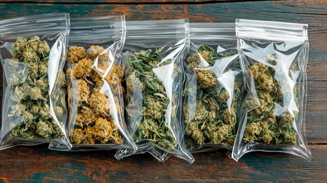 Display of assorted cannabis strains in clear bags on wooden surface in a retail setting