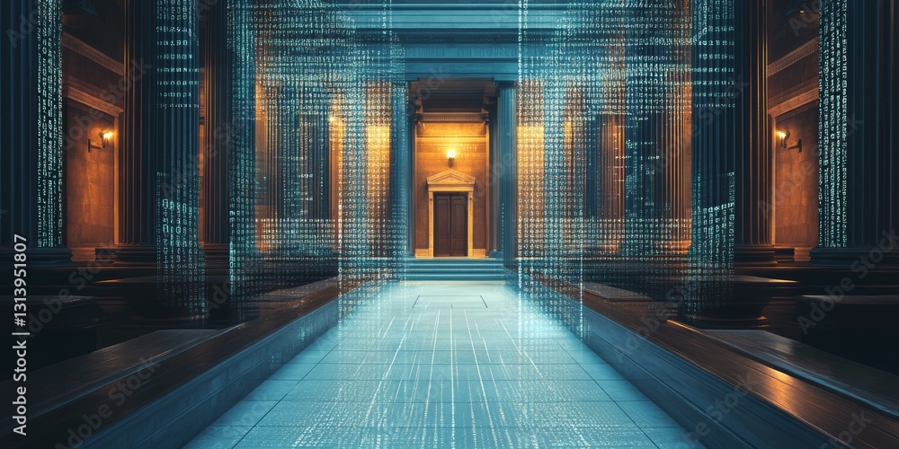 Poster explore a futuristic hallway featuring classical architecture intertwined with digital data streams,
