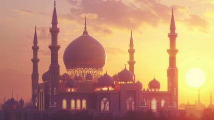 Naklejka premium Sunset Mosque for Golden Dome, Islamic Architecture.