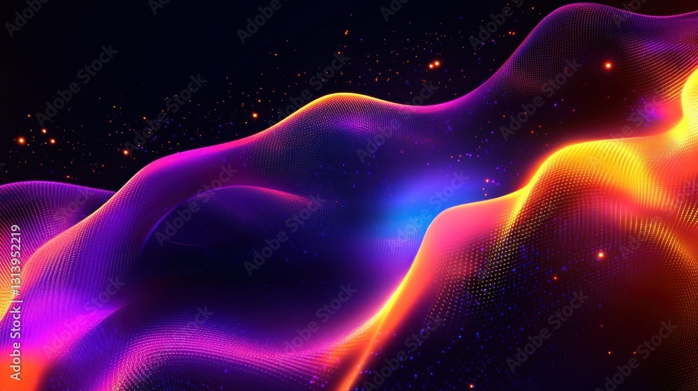 Poster abstract image featuring glowing vibrant undulating waves with particles