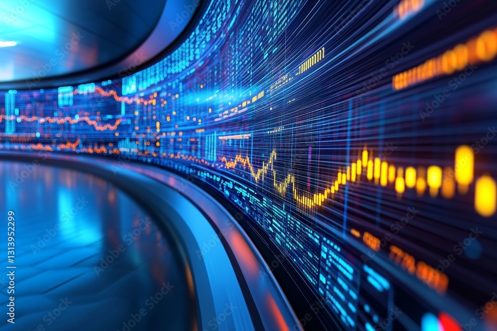 Poster dynamic financial data visualization with colorful graph and analytics trends on screen