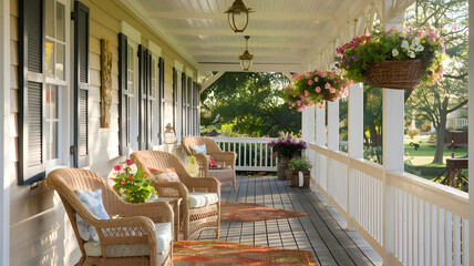 A sunlit cottage porch with wicker furniture and flower baskets hanging from the rafters.