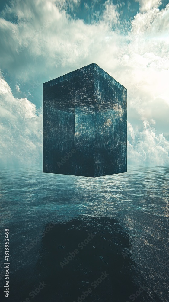 Poster surreal floating cube above tranquil ocean with reflective sky and clouds
