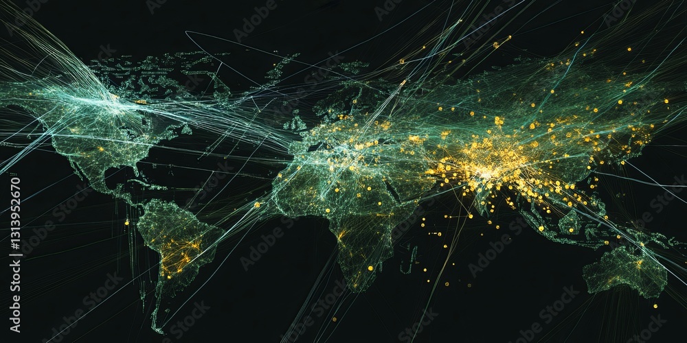 Poster dynamic global data visualization depicting network of illuminated connections