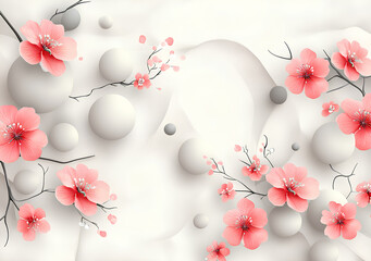 3D background with pink flowers and white spheres