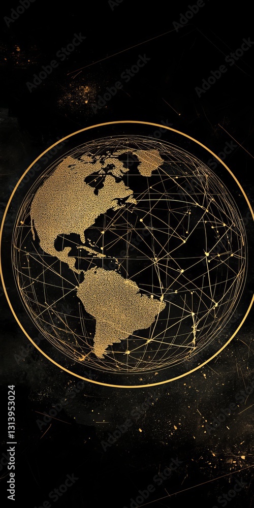 Poster elegant abstract depiction of a golden globe with network connections over a dark background, repres