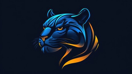 Abstract graphic design of a jaguar head, vibrant blue and orange lines on dark background.