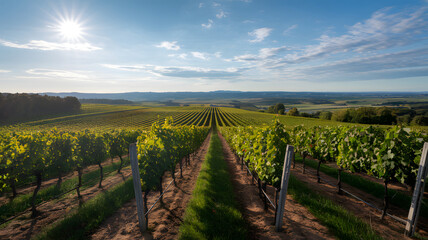Obraz premium A sunlit vineyard with rows of grapevines stretching toward the horizon.
