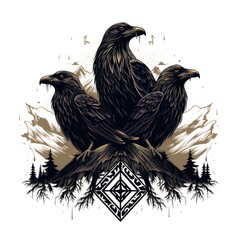 Obraz premium Mystical Forest Guardians: A Triumvirate of Ravens and Trees