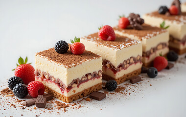 close up, Assorted tiramisu dessert with berries and chocolate indulgent treat on white background