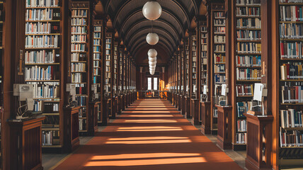 A sunlit library with tall shelves of books and sunlight streaming through the windows.