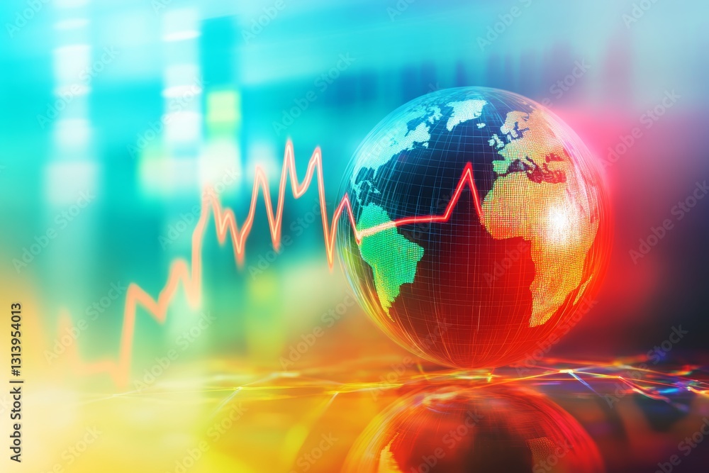 Poster a globe with a red line on it. the globe is surrounded by a blue and green background