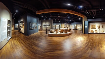 Museum exhibit of ancient pottery, spacious hall