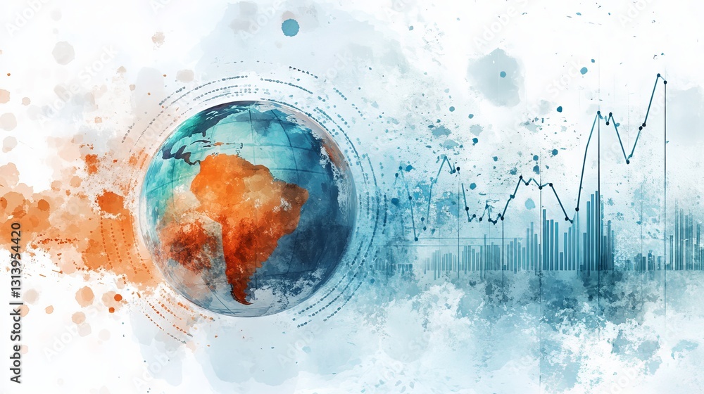 Poster an artistic representation of the globe with abstract colors and financial graphs, illustrating glob