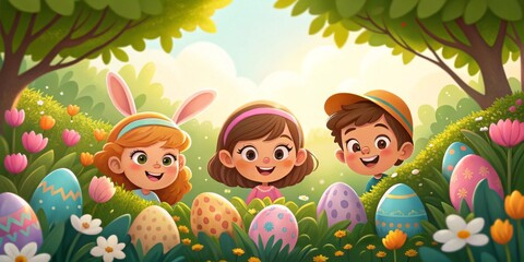 Fototapeta premium Children happily hunting for Easter eggs in a sunlit garden