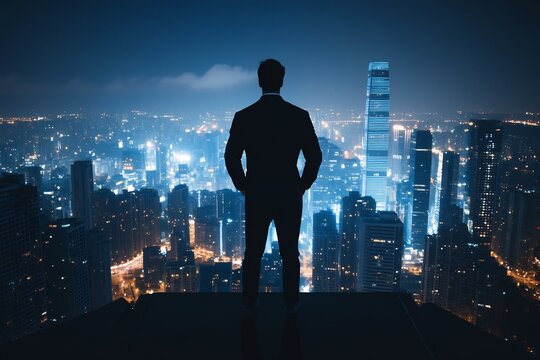 Corporate professional standing on skyscraper balcony at night