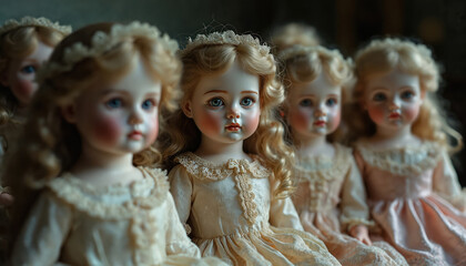 Group of vintage porcelain dolls dressed in lace, satin. Antique doll collection. Old toys with blonde hair, blue eyes, pretty faces. Childhood nostalgia. Cute girls toys for play. Ghostly uncanny