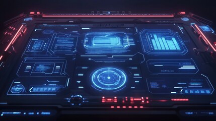 A futuristic computer console displays data and graphical information screens