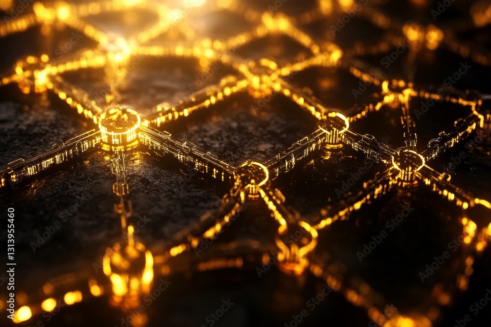 Poster abstract golden network connections on dark metallic surface with glowing nodes and lines
