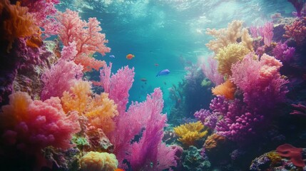 Naklejka premium Vibrant Coral Reef Underwater Scene with Colorful Marine Life