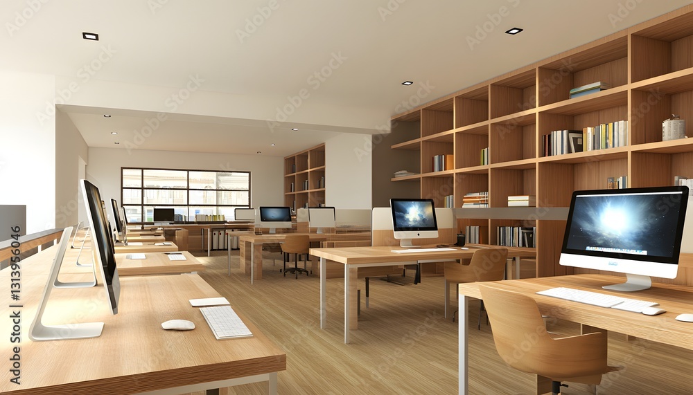 Poster modern office workspace with computers and bookshelves